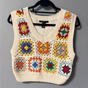 Forever 21 Crochet Granny Squares Patchwork Off-White Sweater Vest. Size X-Small